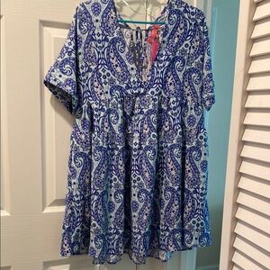Simply Southern Blue and White Tiered Blouse with Mandarin Collar